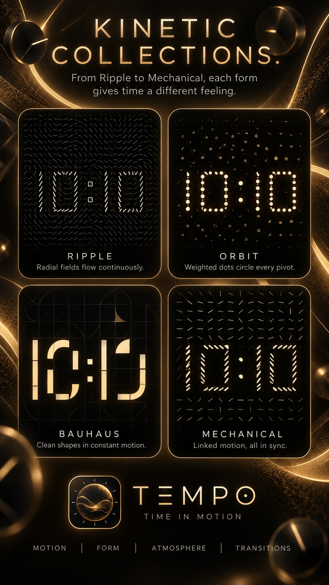 Kinetic collections: Ripple, Orbit, Bauhaus and Mechanical.